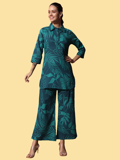 Dark Green Floral Printed Cotton Top with Trouser Co-Ord Set